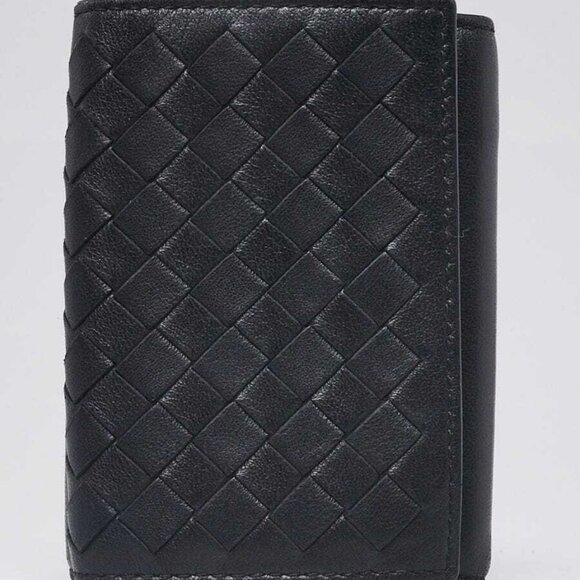 Bottega Veneta Black/Grey Intrecciato Woven Nappa Leather Tri-Fold Small Wallet - Picture 1 of 11